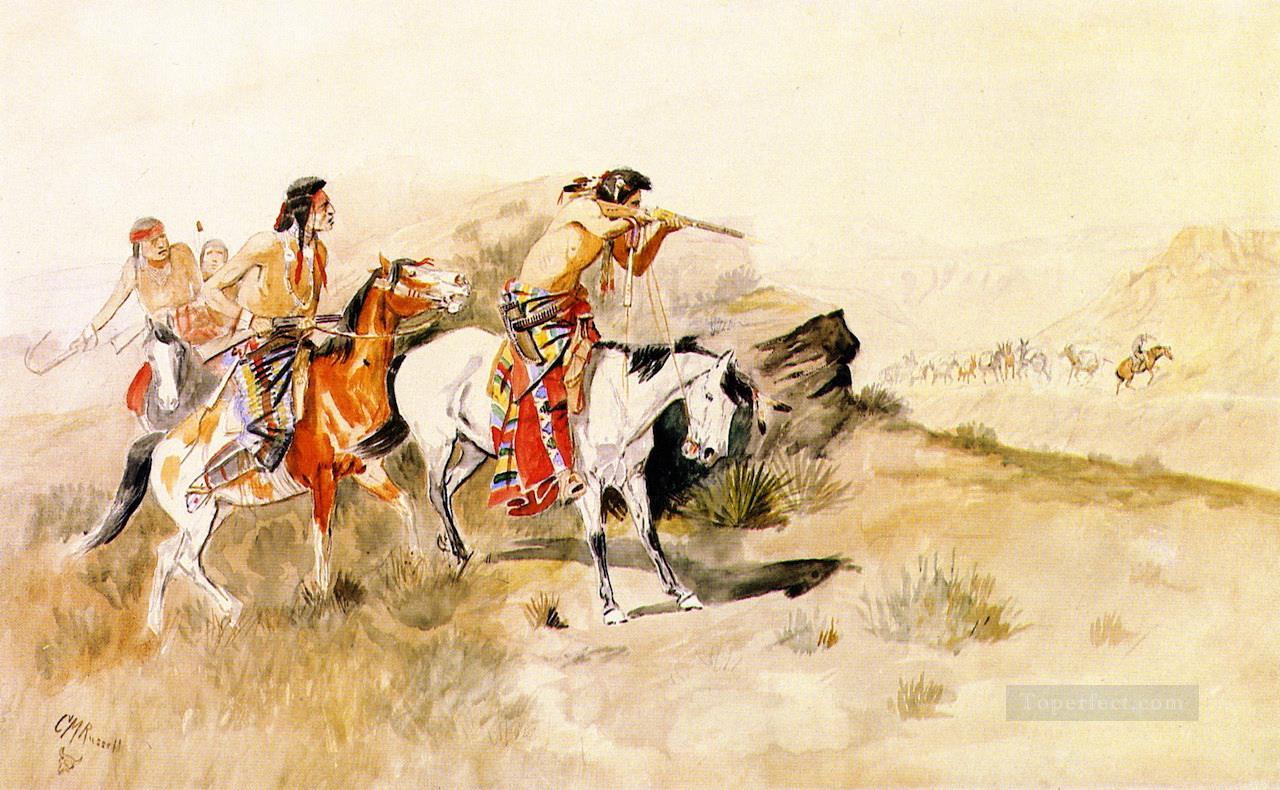 attaque contre des muletiers 1895 Charles Marion Russell Indiens d’Amérique Peintures à l'huile